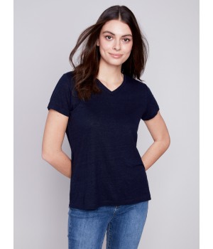 V-Neck Linen T-Shirt - Navy