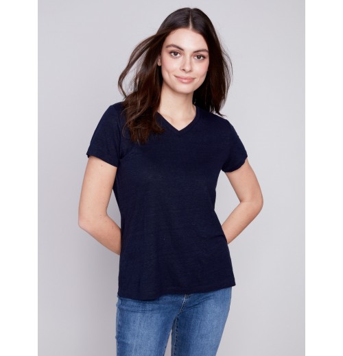 V-Neck Linen T-Shirt - Navy