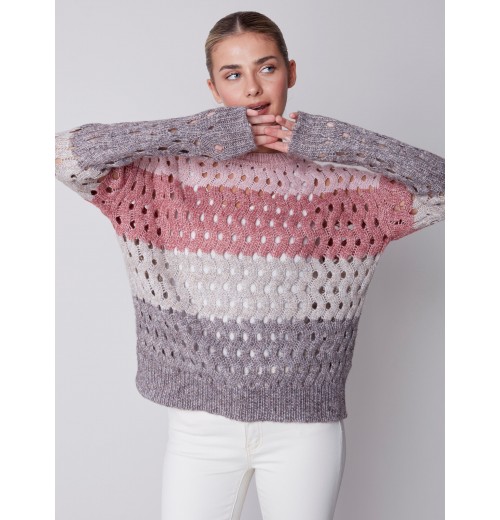 Striped Net Stitch Sweater - Port