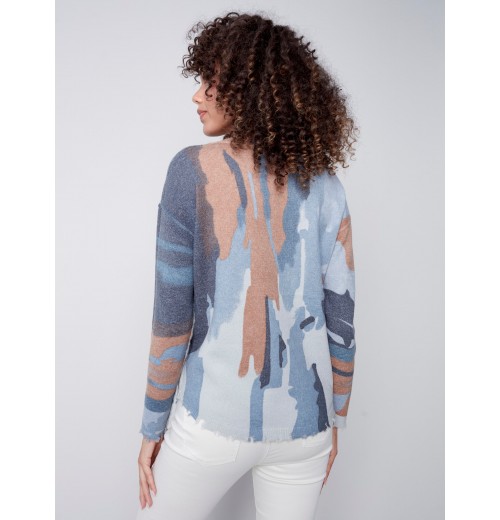 Reversible Printed Sweater with Frayed Edge - Truffle