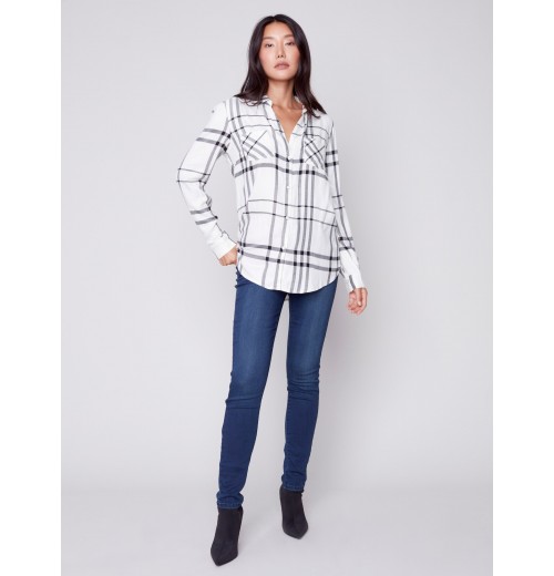 Soft Plaid Button-Down Shirt - Ecru