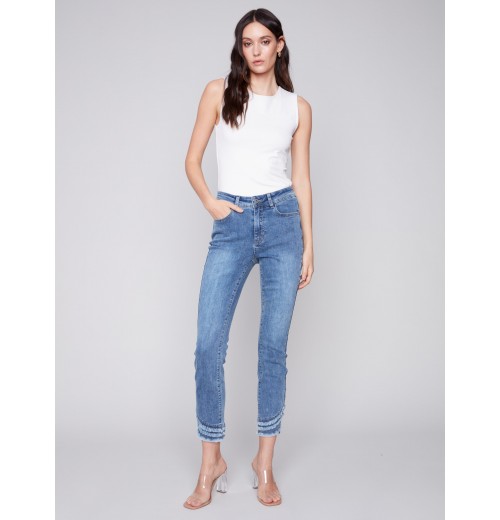 Frayed Hem Denim Pants - Medium Blue