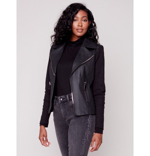 Vintage Faux Leather and Rib Knit Perfecto Jacket - Black