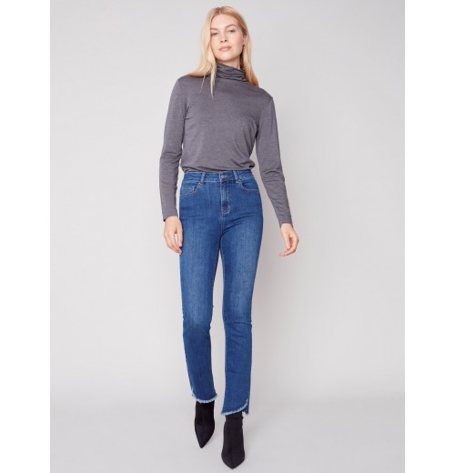 Bootcut Jeans with Asymmetrical Fringed Hem - Blue Jean