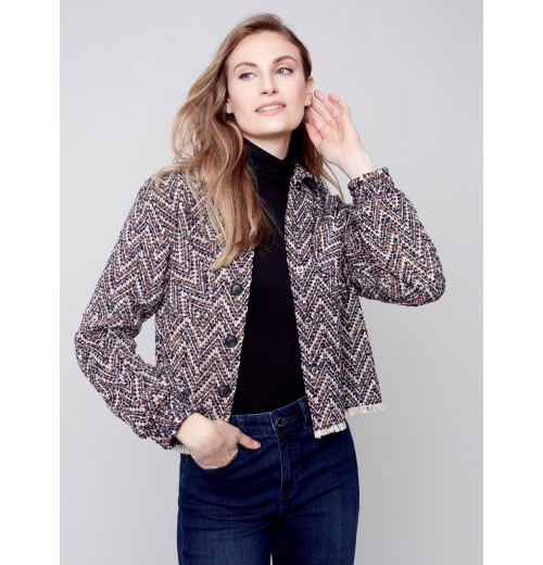 Chevron Tweed Short Jacket - Navy