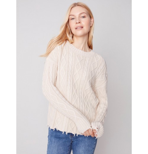 Cotton Blend Cable Knit Sweater - Ecru