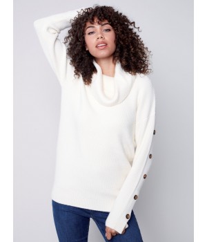 Cowl Neck Sweater with Button Detail - Ecru