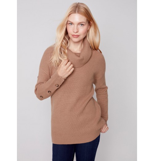 Cowl Neck Sweater with Button Detail - Truffle