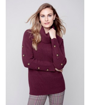 Cowl Neck Sweater with Button Detail - Port