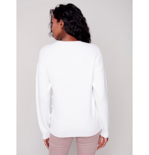 Crew Neck Sweater with Frayed Detail - Cream