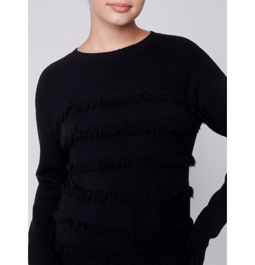 Crew Neck Sweater with Frayed Detail - Black