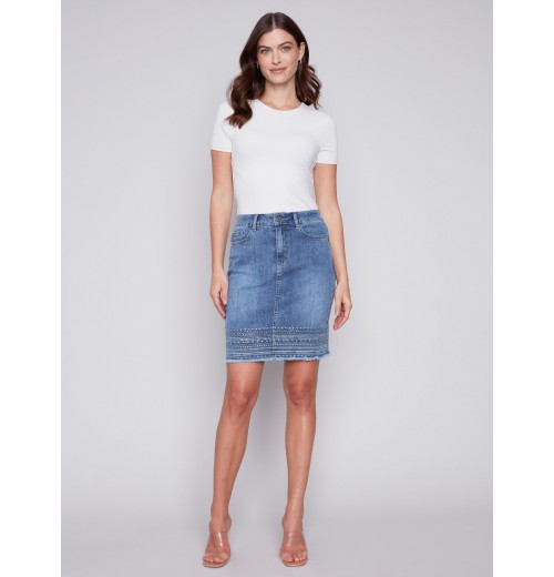 Embroidered Hem Denim Skort - Medium Blue