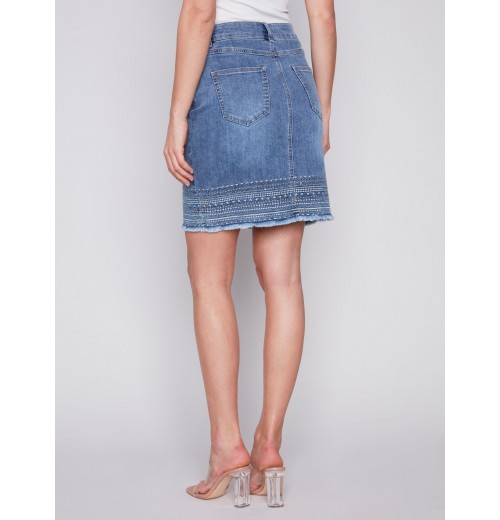 Embroidered Hem Denim Skort - Medium Blue