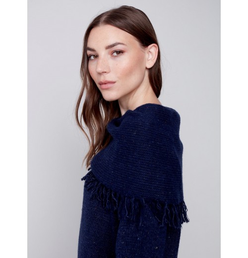 Fringed Cowl Neck Sweater - Denim