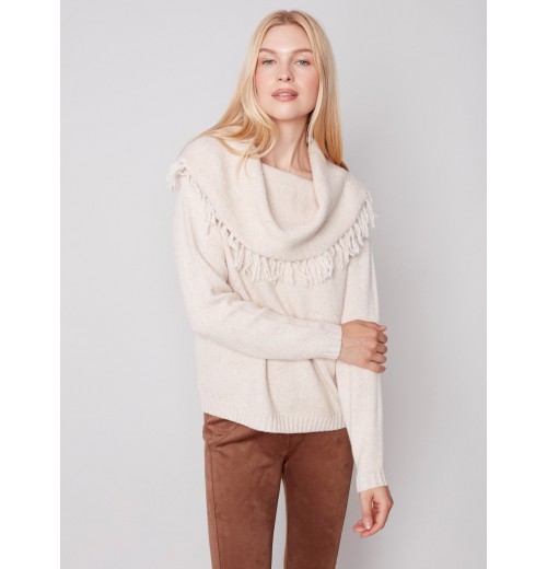 Fringed Cowl Neck Sweater - Ecru