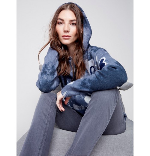 Hooded Sweater with Graffiti Print - Denim