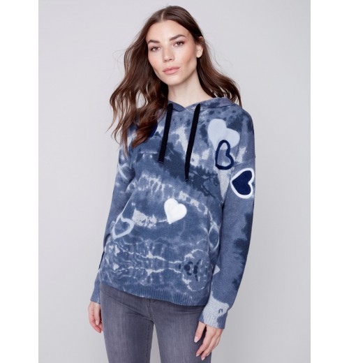 Hooded Sweater with Graffiti Print - Denim