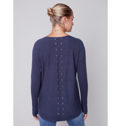 Knit Sweater with Back Lace-up Detail - Denim