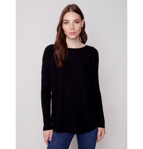 Knit Sweater with Back Lace-up Detail - Black