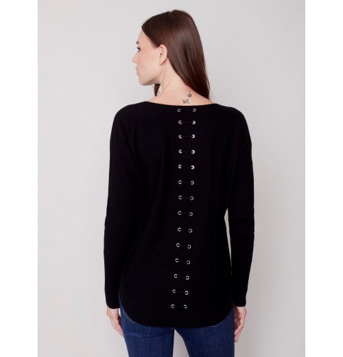 Knit Sweater with Back Lace-up Detail - Black