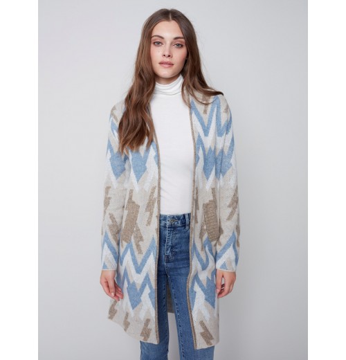 Long Jacquard Knit Cardigan - Denim