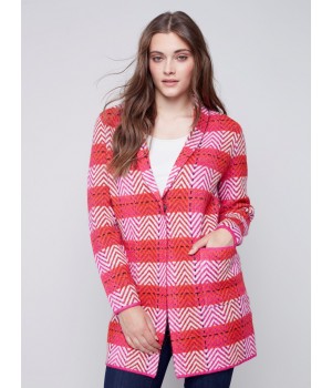 Long Plaid Cardigan with Shawl Collar - Orchid