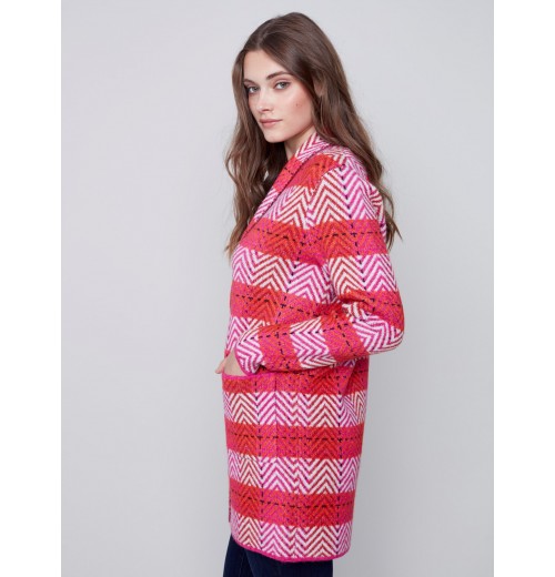 Long Plaid Cardigan with Shawl Collar - Orchid