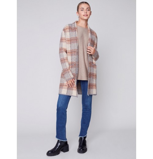 Long Plaid Cardigan with Shawl Collar - Truffle