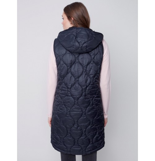 Long Quilted Puffer Vest with Hood - Black