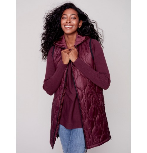 Long Quilted Puffer Vest with Hood - Port