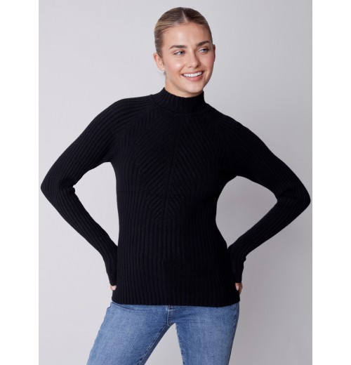 Mock Neck Rib Sweater - Black