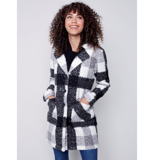 Plaid Bouclé Knit Coat - Black & Cream