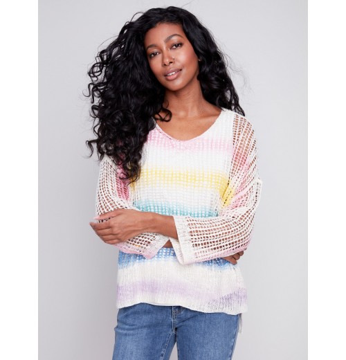 Printed Fishnet Crochet Sweater - Rainbow