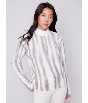 Printed Mock Neck Sweater with Zipper Detail - Ecru