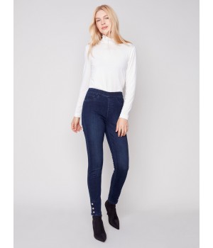 Pull-On Jeans with Snap Button Hem - Blue Black