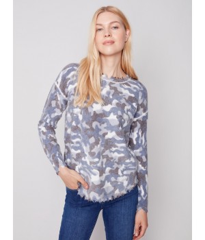 Reversible Printed Sweater with Frayed Edge - Denim