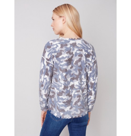 Reversible Printed Sweater with Frayed Edge - Denim