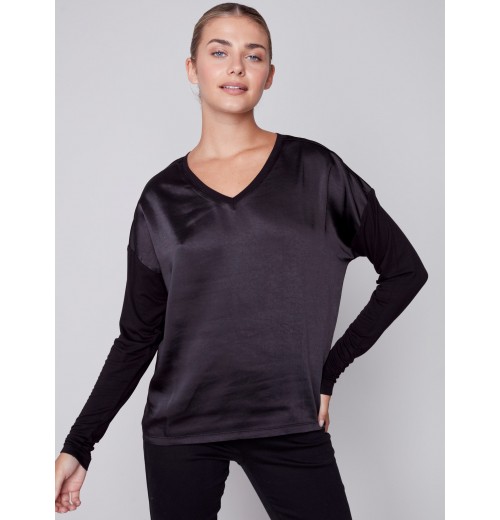 Satin and Jersey Knit Top - Black