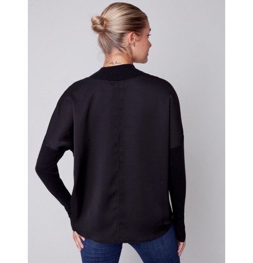 Satin Knit Top with Mock Neck - Black