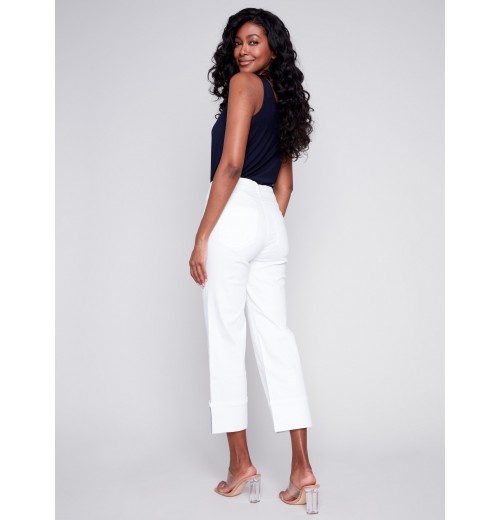 Straight Leg Jeans with Folded Cuff - White