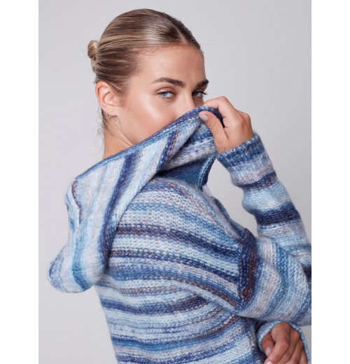 Striped Hooded Sweater with Kangaroo Pocket - Denim