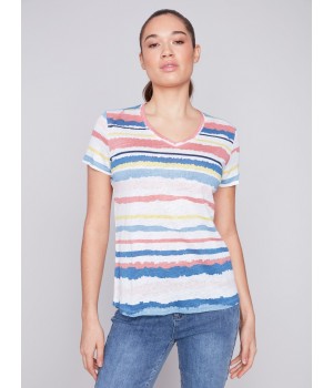 Striped V-Neck Linen T-Shirt - Pastel