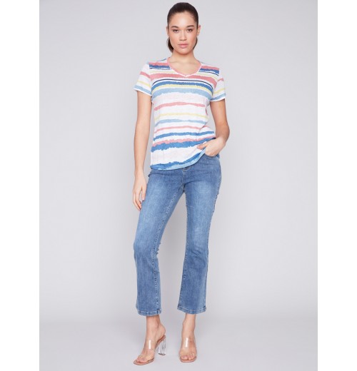 Striped V-Neck Linen T-Shirt - Pastel