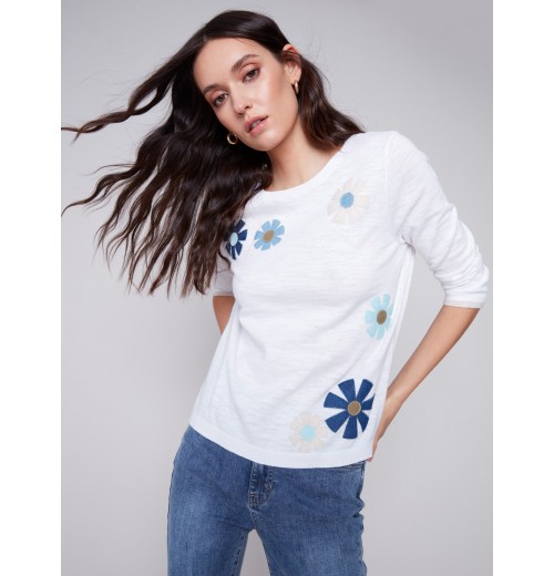 Sweater with Flower Patches - White