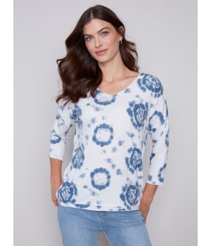 Tie Dye V-Neck Knit Top - Indigo