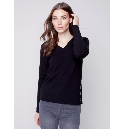 V-Neck Sweater with Grommet Detail - Black