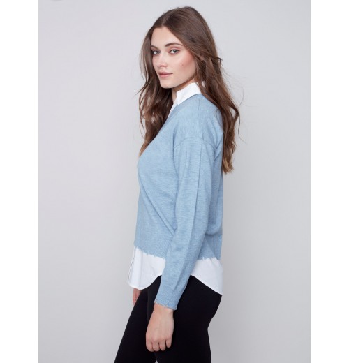 V-Neck Sweater with Shirt Collar - Snowflake